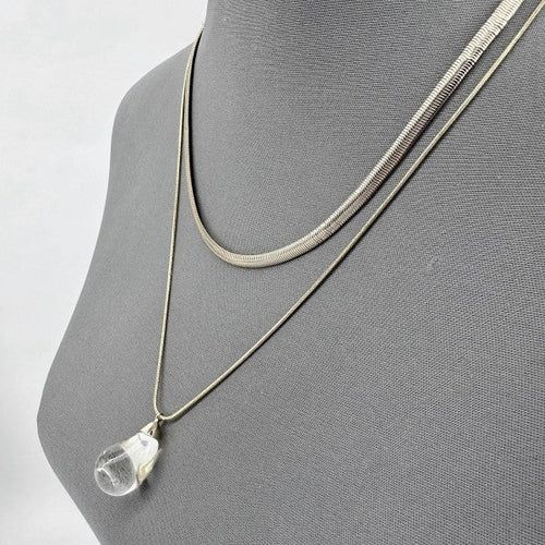 Double Layer Necklace with Clear Teardrop Pendant