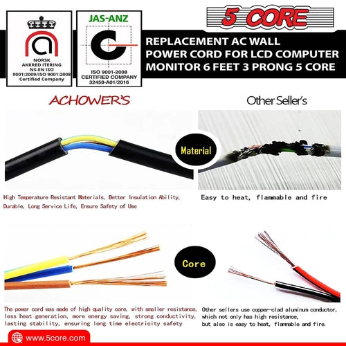 5Core AC Power Extension Cord 10Ft 3 Prong Adapter 16AWG/2C 125V 13A