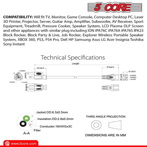 5Core AC Power Extension Cord 10Ft 3 Prong Adapter 16AWG/2C 125V 13A