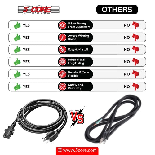 5Core AC Power Extension Cord 10Ft 3 Prong Adapter 16AWG/2C 125V 13A