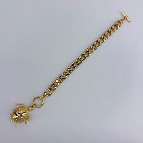 Gold Finish Cuban Link Chain Bracelet Turtle Charm