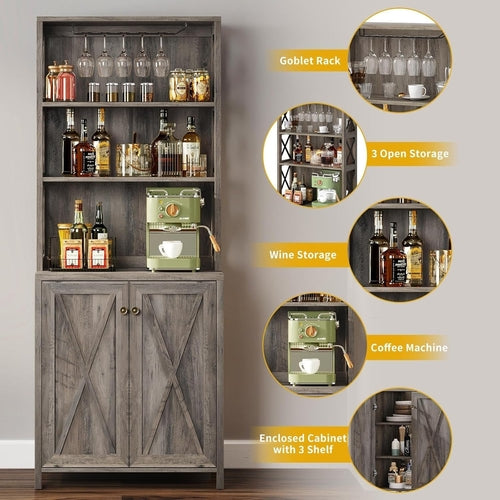 67" Farmhouse Wine Bar Cabinet Liquor Glasses Grey