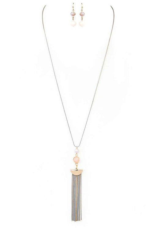 Mix Tone Chain Tassel Stone Pendant Necklace Set
