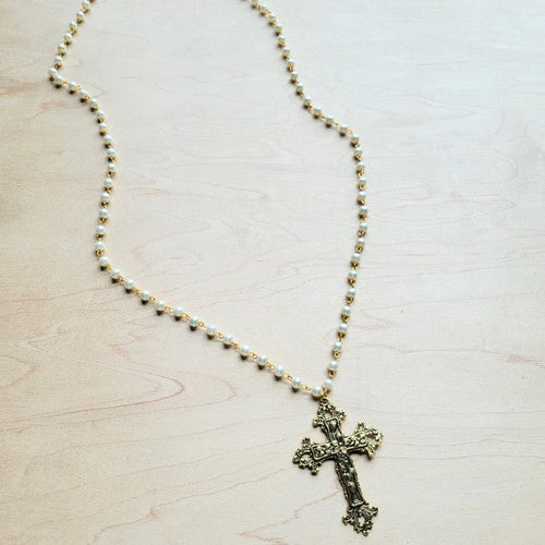 Pearl Long Beaded Necklace w/ Antique Gold Cross