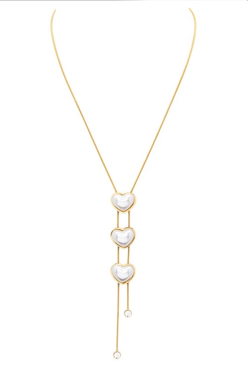 Faux Pearl Triple Heart Drop Pendant Necklace