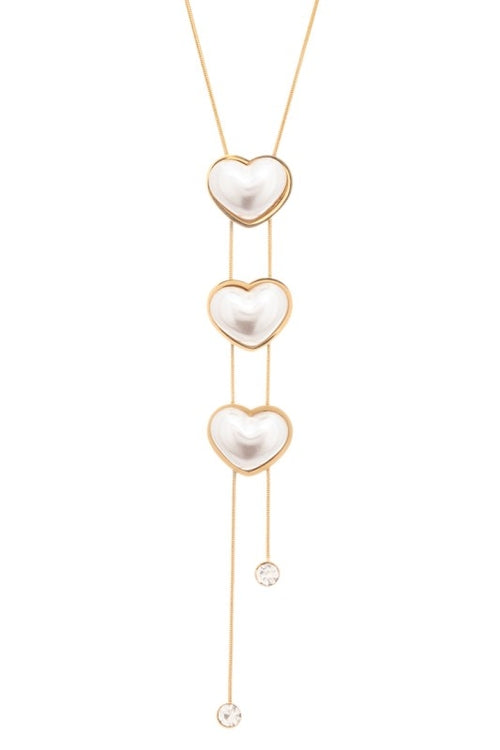 Faux Pearl Triple Heart Drop Pendant Necklace
