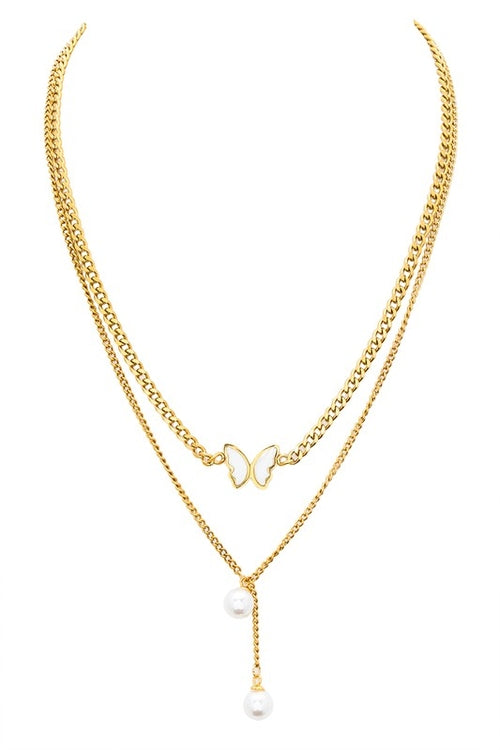 MOP Butterfly Faux Pearl Drop Layered Necklace
