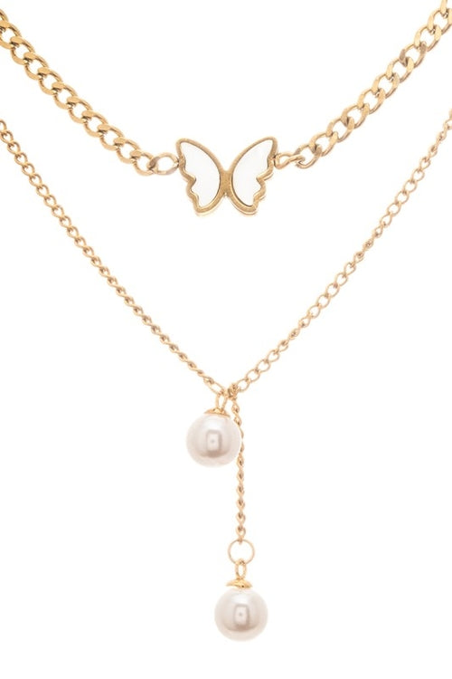 MOP Butterfly Faux Pearl Drop Layered Necklace