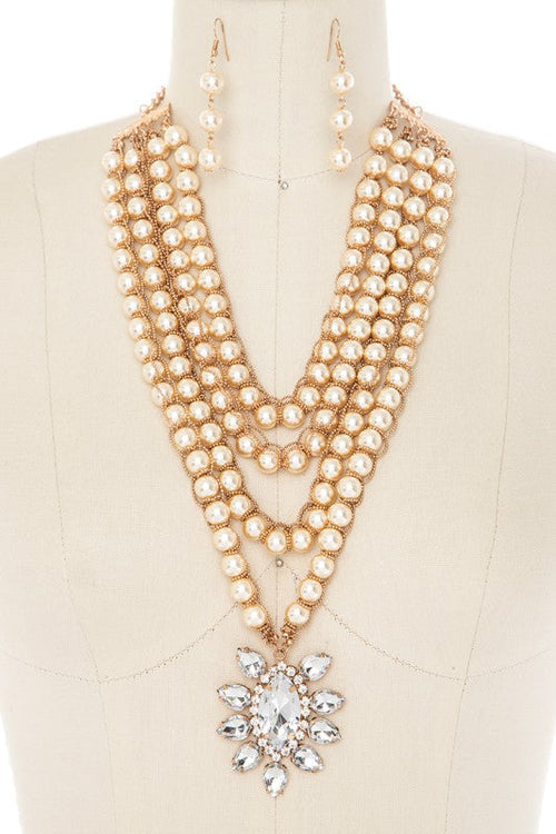 Chained Pearl Crystal Flower Statement Necklace