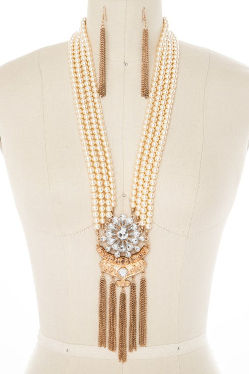Pearl Chain Tassels Statement Necklace Set