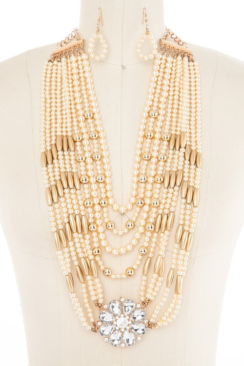 Mix Bead Pearl with Crystal Flower Necklace