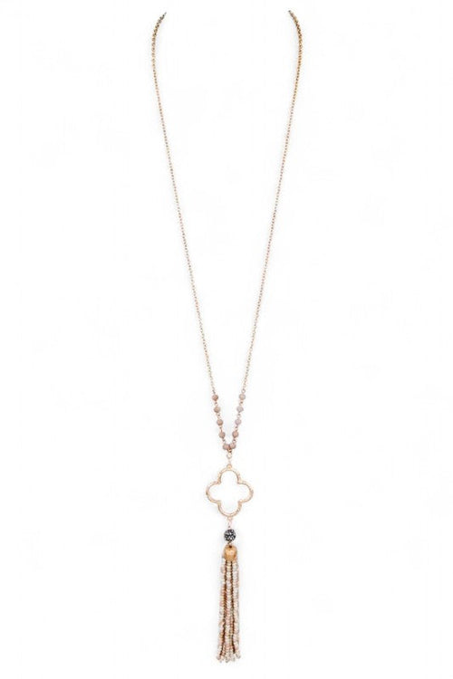 Beaded Tassel Clover Pendant Long Necklace