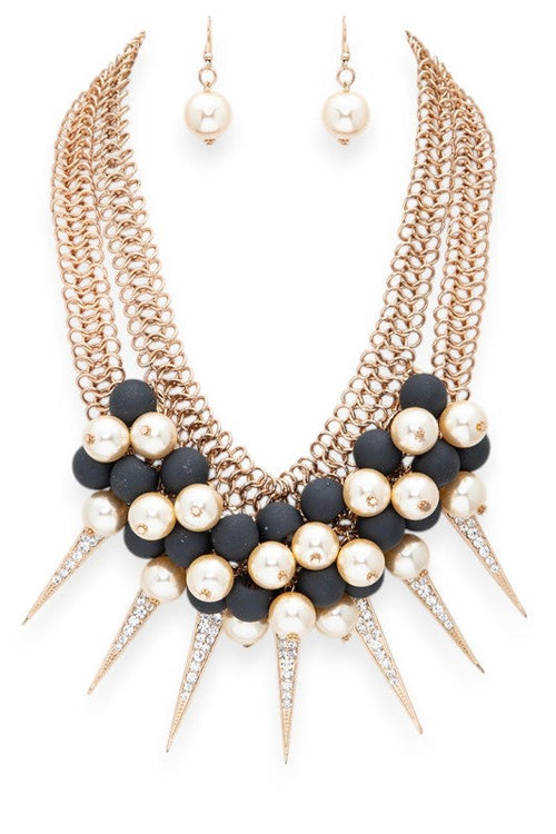 Mix Beads Rhinestone Spikes Statement Necklace Set