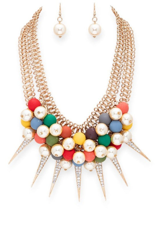 Mix Beads Rhinestone Spikes Statement Necklace Set
