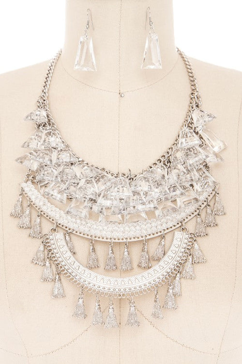 Fringe Clear Beads Statement Bib Necklace Set