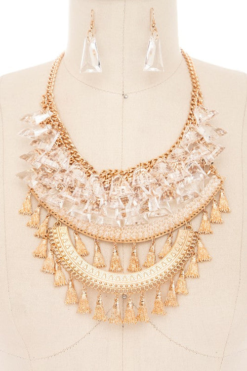 Fringe Clear Beads Statement Bib Necklace Set