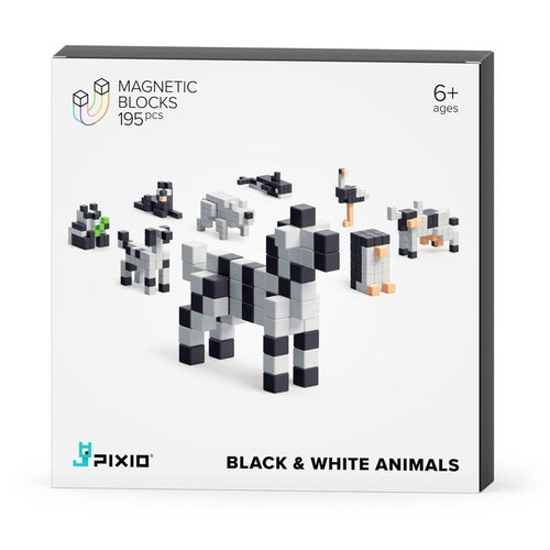 PIXIO Black & White Animals - 195 Magnetic Blocks in 4 Colors + Free