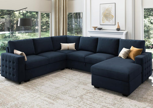 Velvet U-Sectional Sleeper Sofa, Pull-Out Bed, Blue