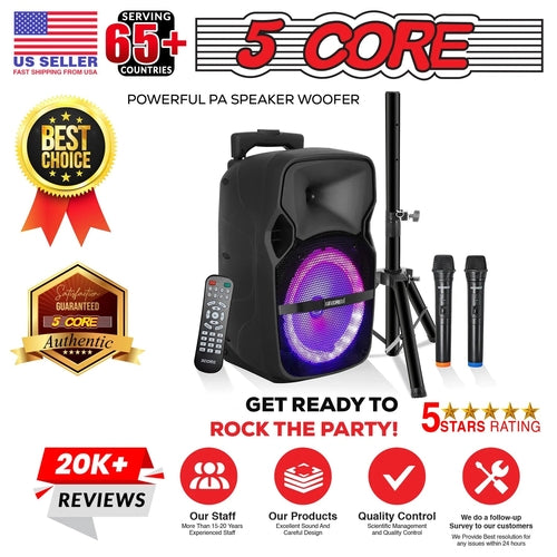 5Core 8 Inch PA Portable Bluetooth Party Speaker Karaoke Boombox + 2