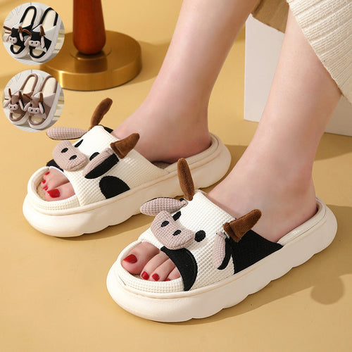 Cute Cartoon Cow Frog Slippers Linen Non-slip Shoes Indoor Garden Home