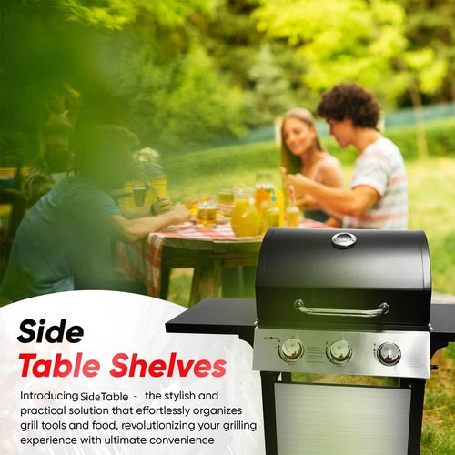 Stainless Gas Grill 3-Burner, Cabinet, Wheels, Outdoor BBQ