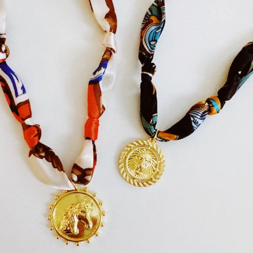 Luxe Print Medallion Pendant Scarf Necklace