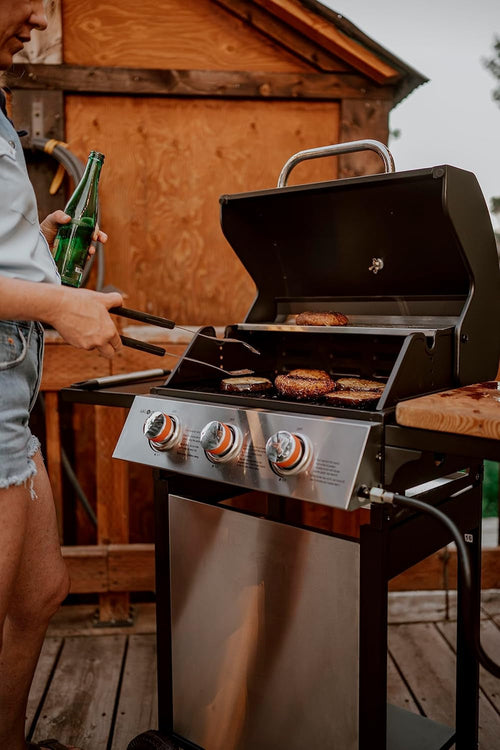 Stainless Gas Grill 3-Burner, Cabinet, Wheels, Outdoor BBQ