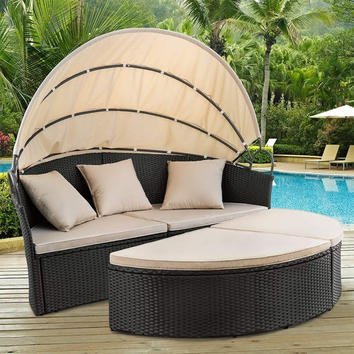 Outdoor Round Daybed Canopy, Wicker, Patio Sectional Sofa