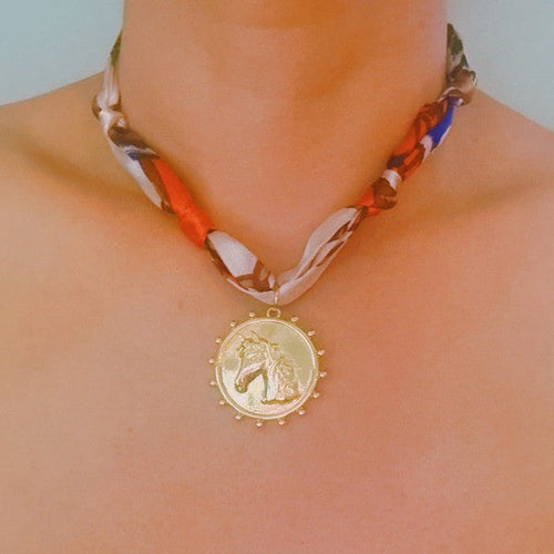 Luxe Print Medallion Pendant Scarf Necklace