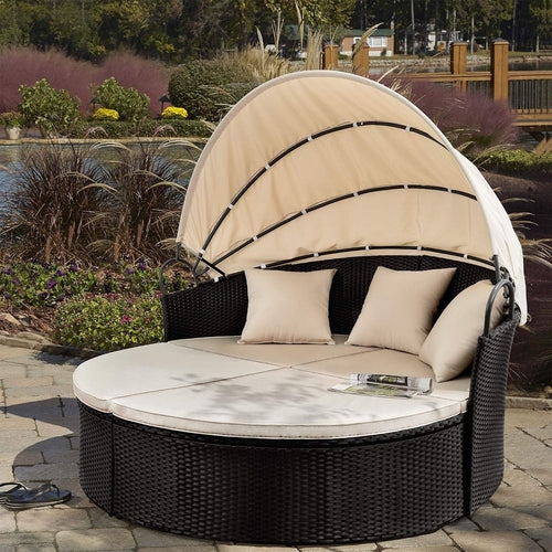 Outdoor Round Daybed Canopy, Wicker, Patio Sectional Sofa