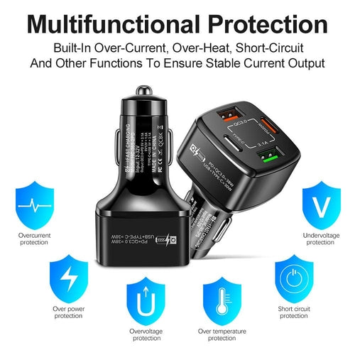 PBG White PD 4-Port Fast Car Charger with 10FT Zebra Style Wire iPhone