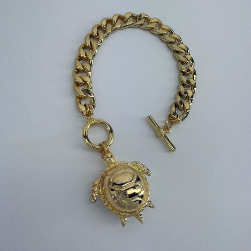 Gold Finish Cuban Link Chain Bracelet Turtle Charm