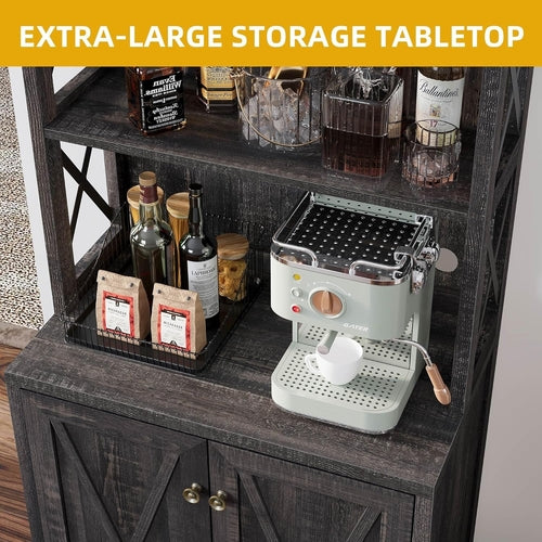 67" Tall Wine Bar Cabinet for Liquor and Glasses, Farmhouse Kitchen