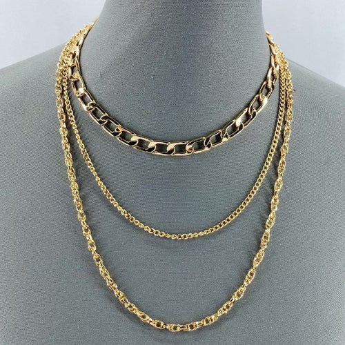 Multi Layered Gold Finish Necklace With Cuban Link