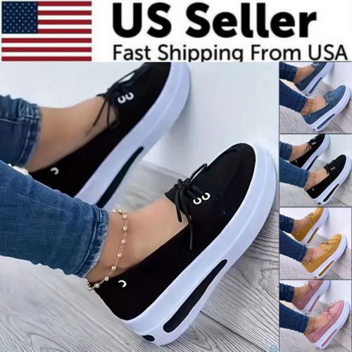 Women Block Shoes Slip On Closed Toe Platform Flat Wedge Casual Lace