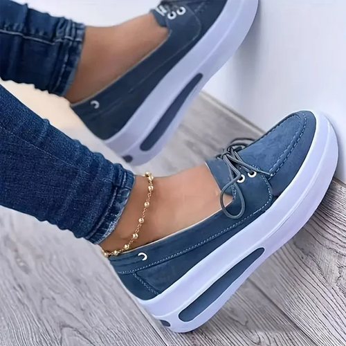 Women Block Shoes Slip On Closed Toe Platform Flat Wedge Casual Lace