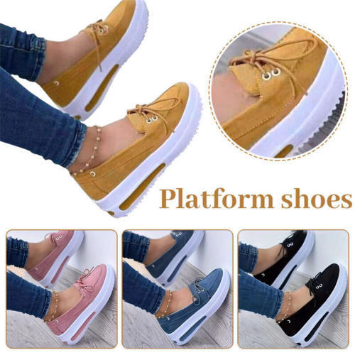 Women Block Shoes Slip On Closed Toe Platform Flat Wedge Casual Lace