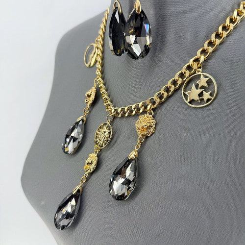 Gold Finish Cuban Link Chain Set With Lion Head An