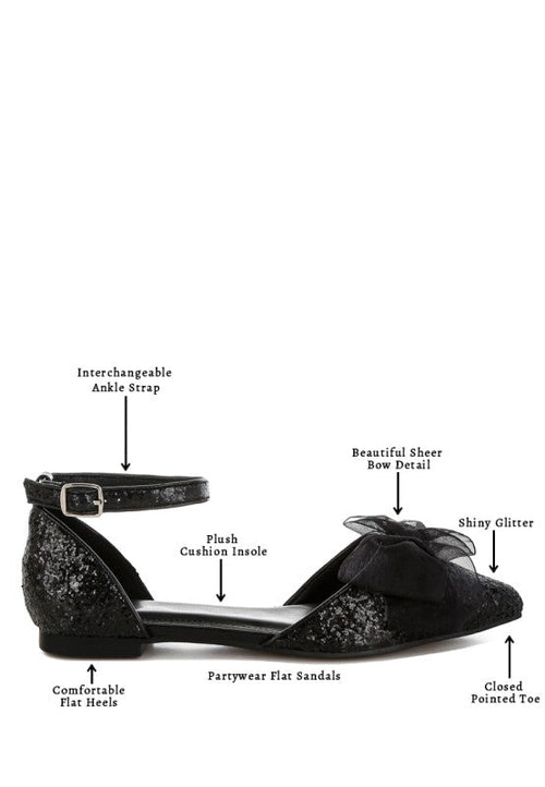 Clarice Sheer Bow Detail Glitter Flat Sandals
