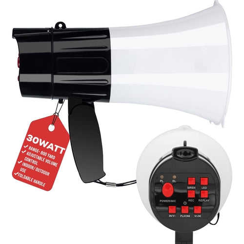 5Core Megaphone Bullhorn Speaker 30W LED Bull Horn Battery Power Cheer