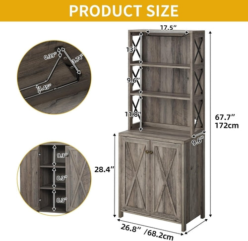 67" Farmhouse Wine Bar Cabinet Liquor Glasses Grey
