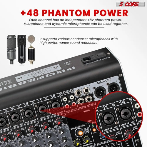 Audio Mixer 12 Channel DJ Equipment with Bluetooth USB Console Sound