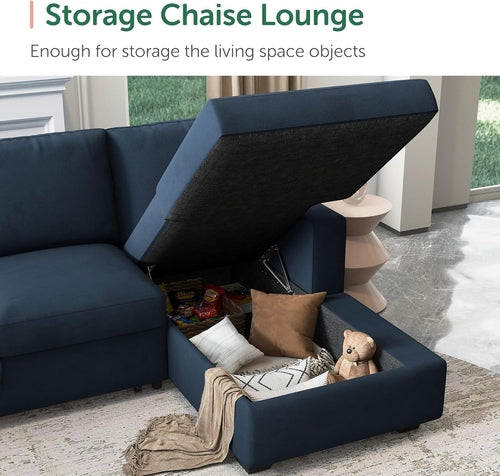 Velvet U-Sectional Sleeper Sofa, Pull-Out Bed, Blue