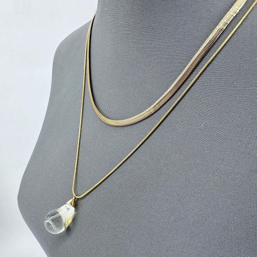 Double Layer Necklace with Clear Teardrop Pendant