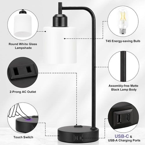 Industrial Touch Bedside Lamps for Bedrooms Set of 2 - 3-Way Dimmable