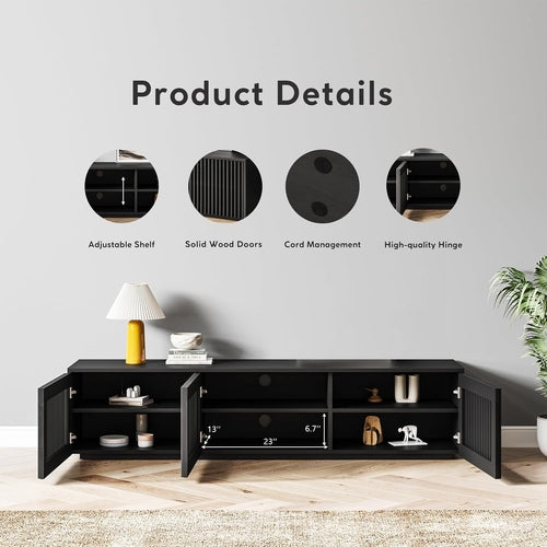 Modern Solid Wood TV Stand, Black Entertainment Center for 65 Inch TV,