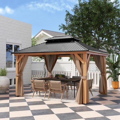 11X13 Wood Gazebo, Outdoor Hardtop Gazebo with Netting and Curtains,