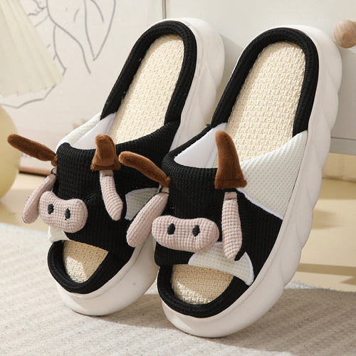 Cute Cartoon Cow Frog Slippers Linen Non-slip Shoes Indoor Garden Home