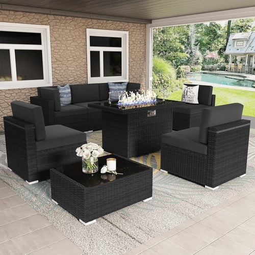 8 Pieces Patio Furniture Set with 44" Propane Gas Fire Pit Table,