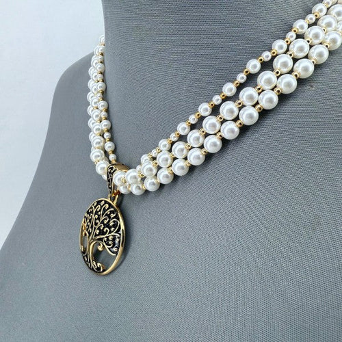 Gold Finish Multi Layer Pearl Necklace Tree of Lif